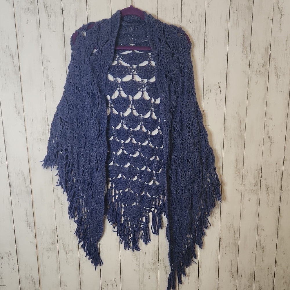 🥳Handmade Crochet Shawl in Deep Blue One Size